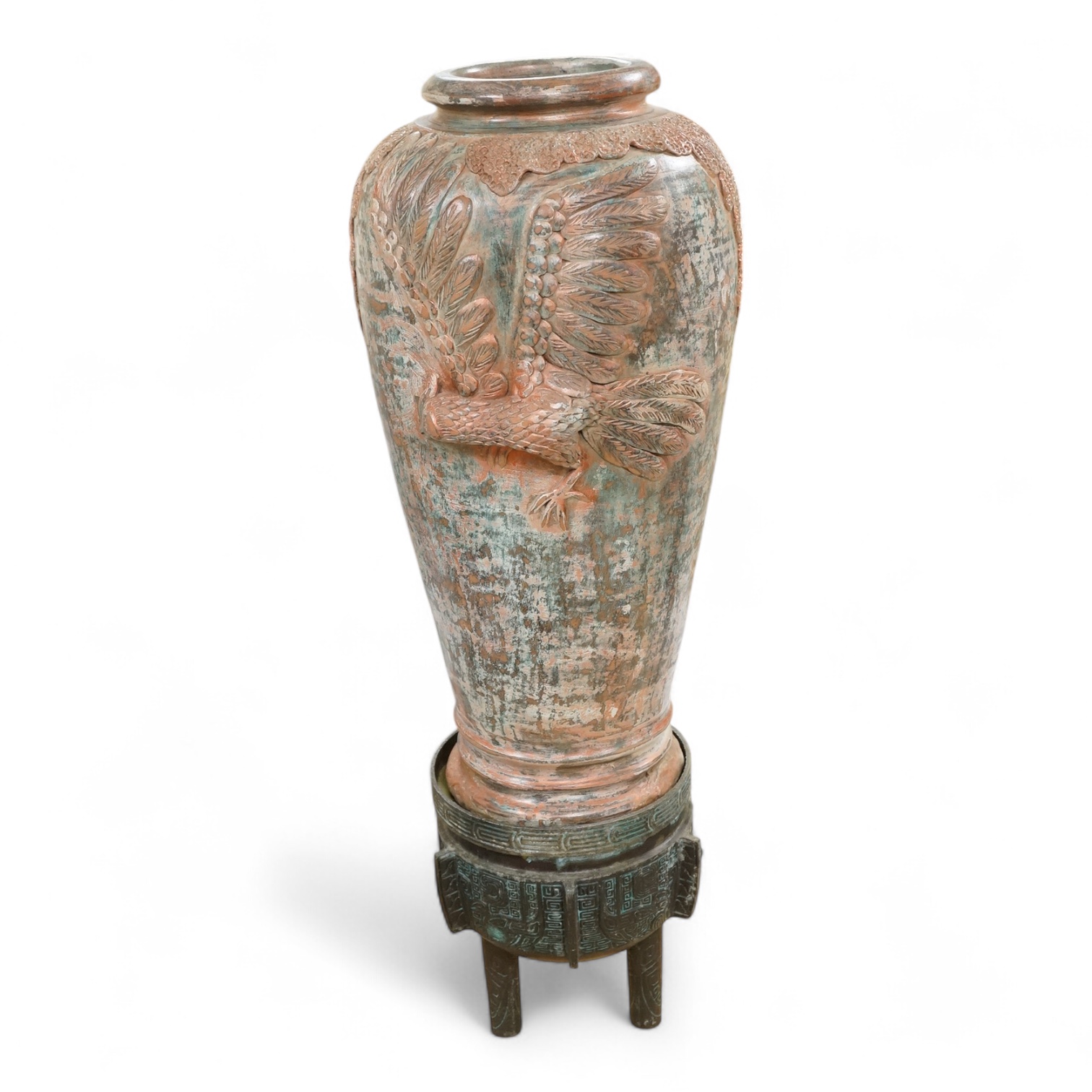 A large Chinese terracotta jar on archaistic stand, 83cm high